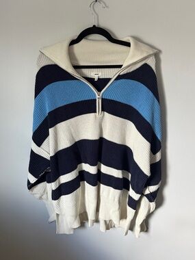 aerie Cream, Navy & Sky Blue Striped Half-Zip Turtleneck Sweater